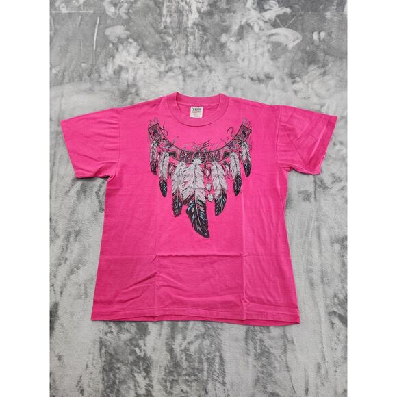 Vintage 90s ONEITA Glitter Feather Dream Catcher Graphic Tee Size L Pink Tribal - Picture 1 of 7